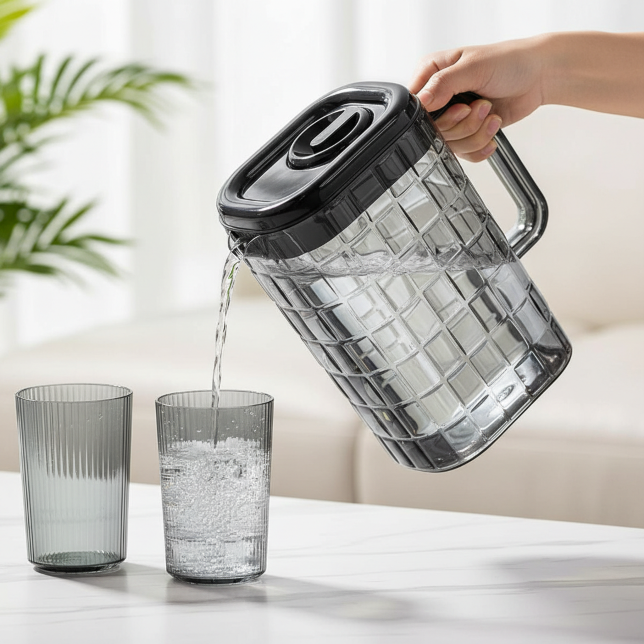 Clear pitcher with black lid being filled with water into two glasses on a light surface.