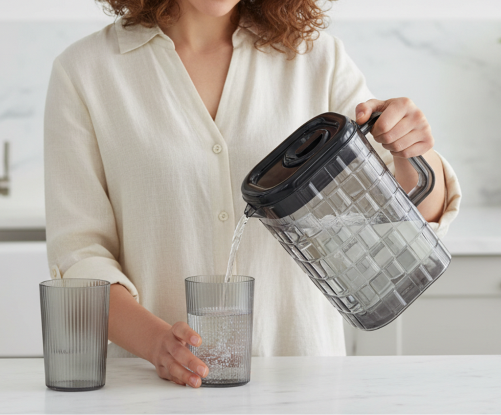 Person pouring water from a clear glass pitcher into two gray glasses on a white countertop.