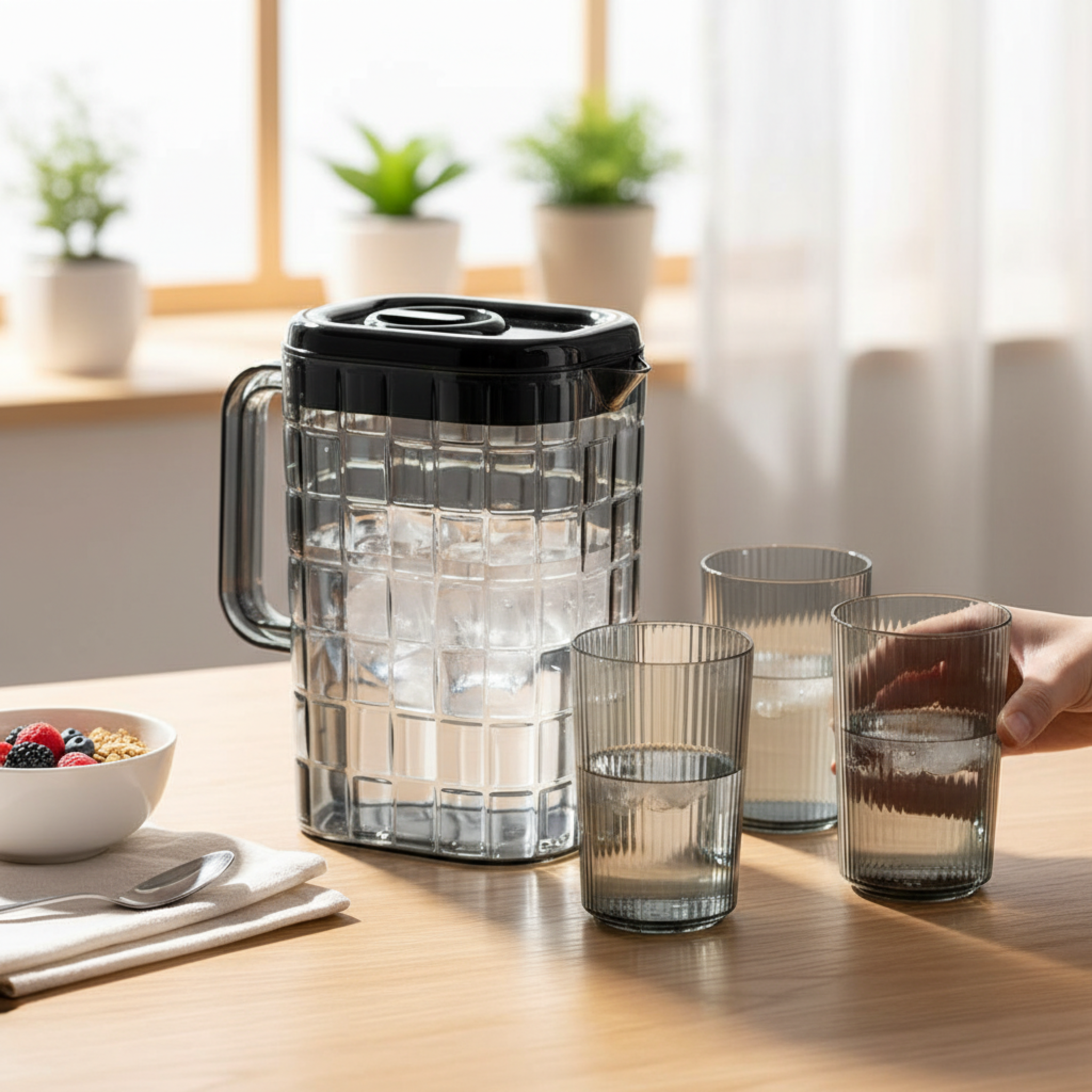 Clear pitcher with black lid on a wooden table with glasses and a bowl of fruit.