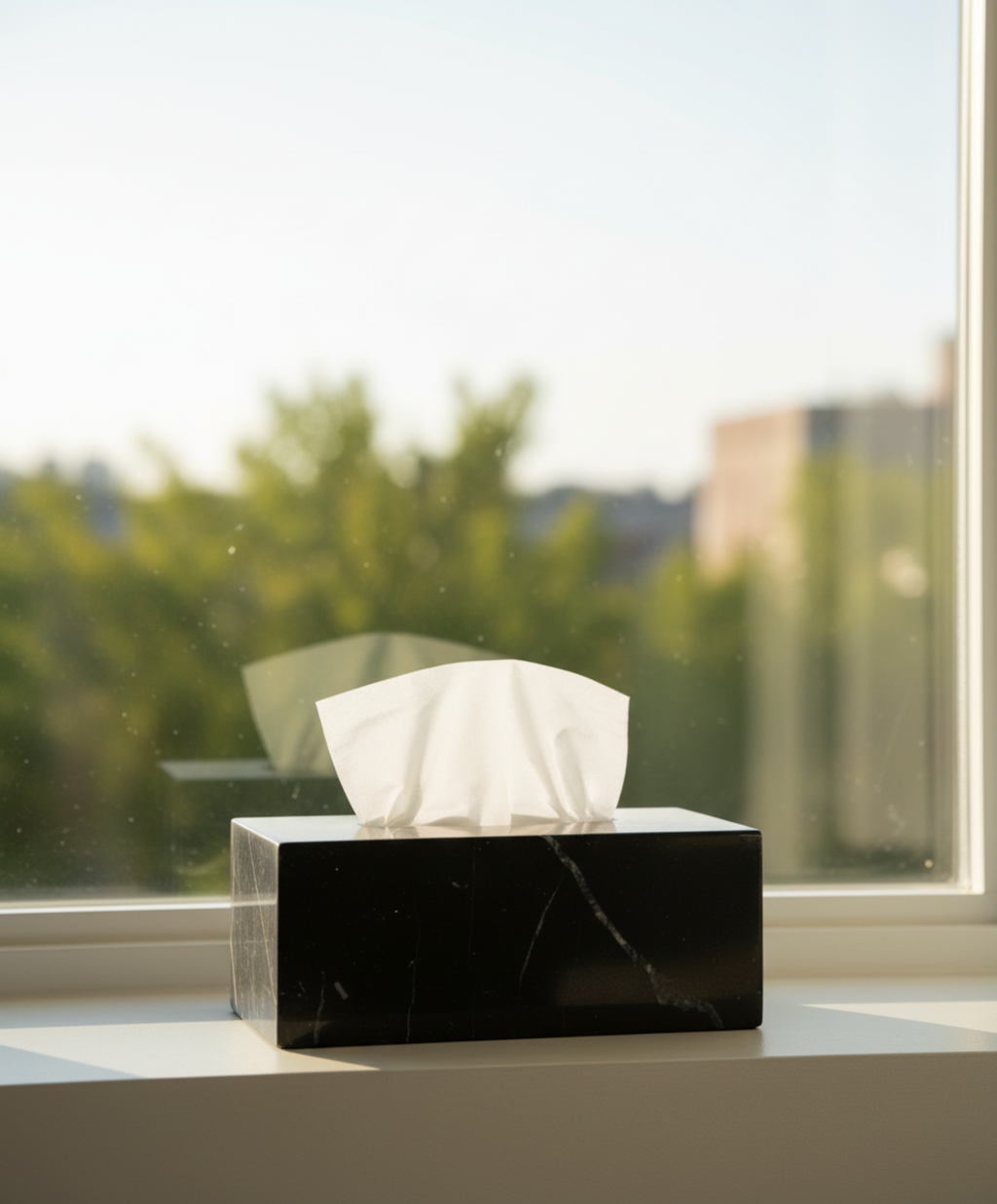 Black marble tissue box with tissues on a windowsill with a blurred outdoor background