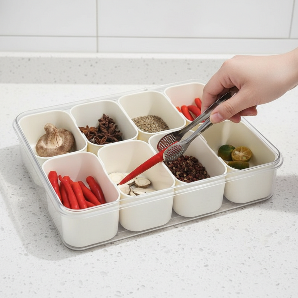 Spice rack with compartments containing various spices, with a hand using tongs to pick up a red pepper.