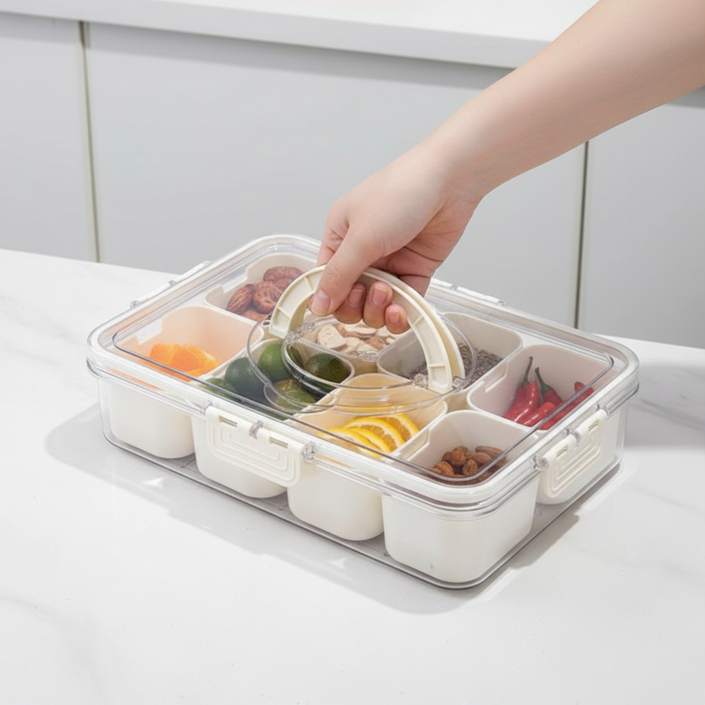 Hand opening a compartmentalized food container with various foods on a white surface.