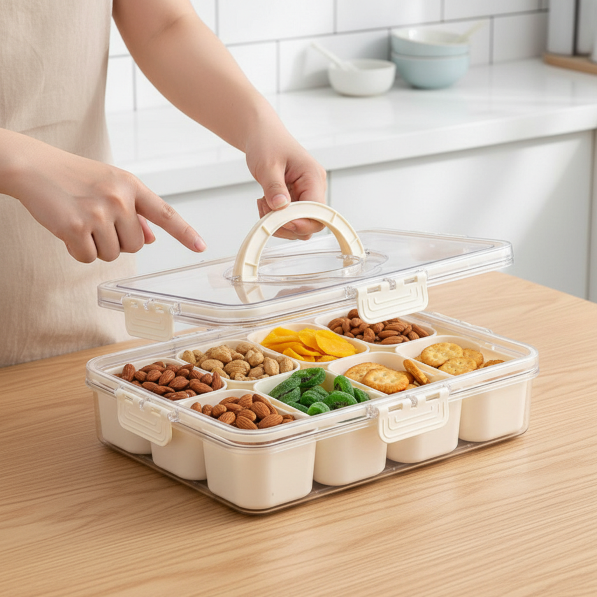 Clear food storage container with compartments on a wooden table, filled with snacks.