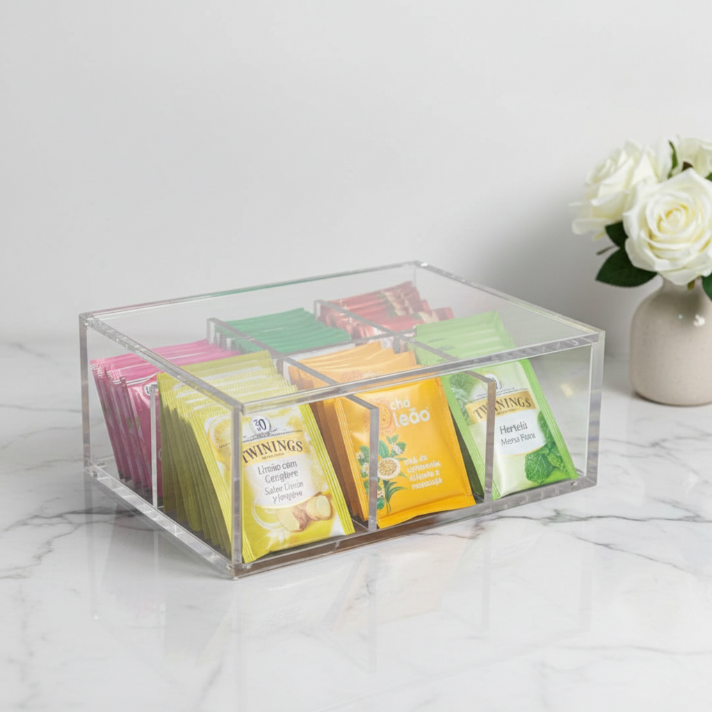 Clear acrylic tea bag organizer with assorted tea bags on a marble surface.