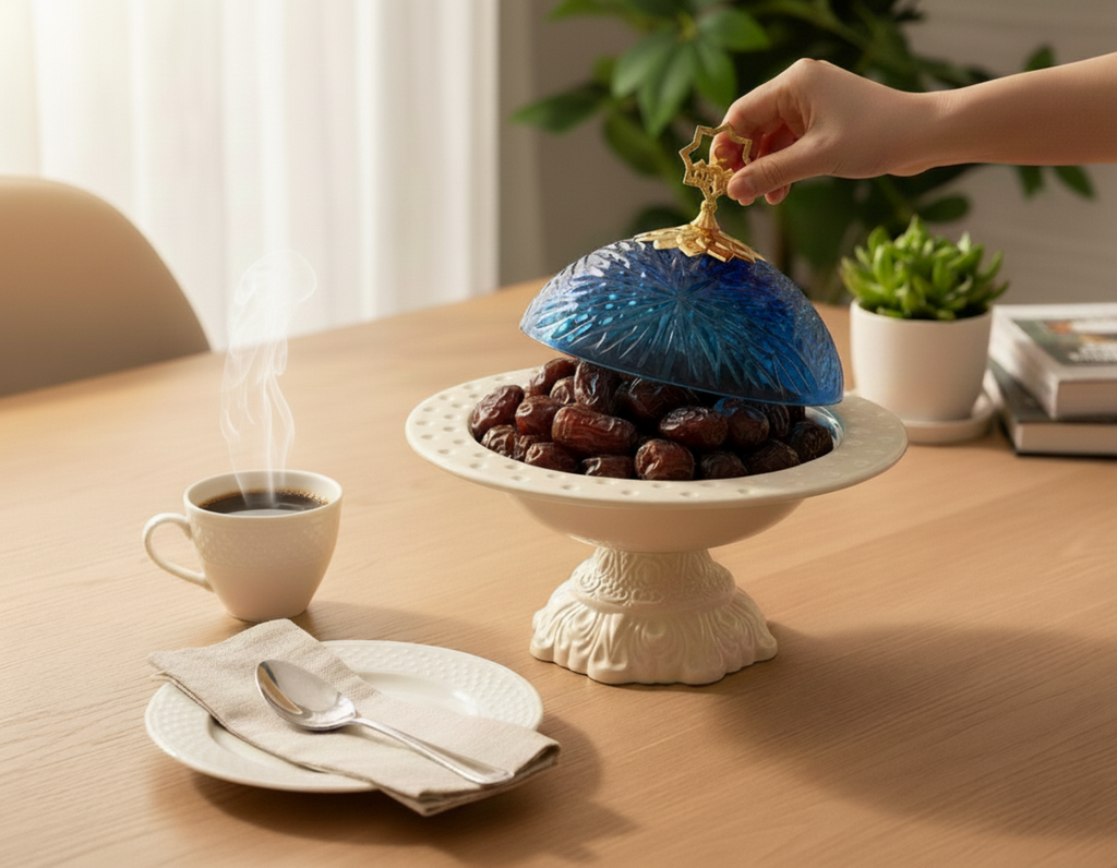 Decorative bowl with dates on a table next to a cup of coffee