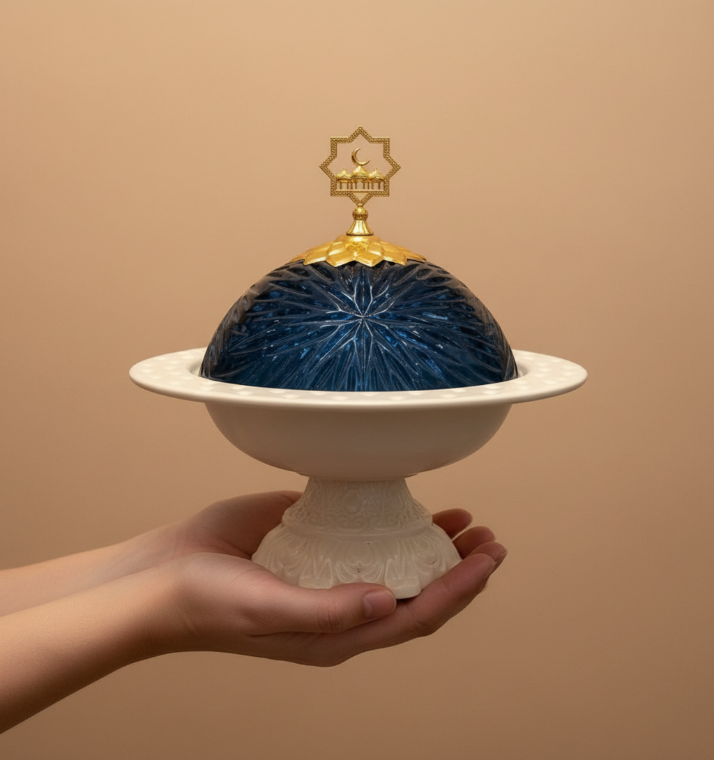 Decorative object with blue textured surface and gold top held by a hand against a beige background
