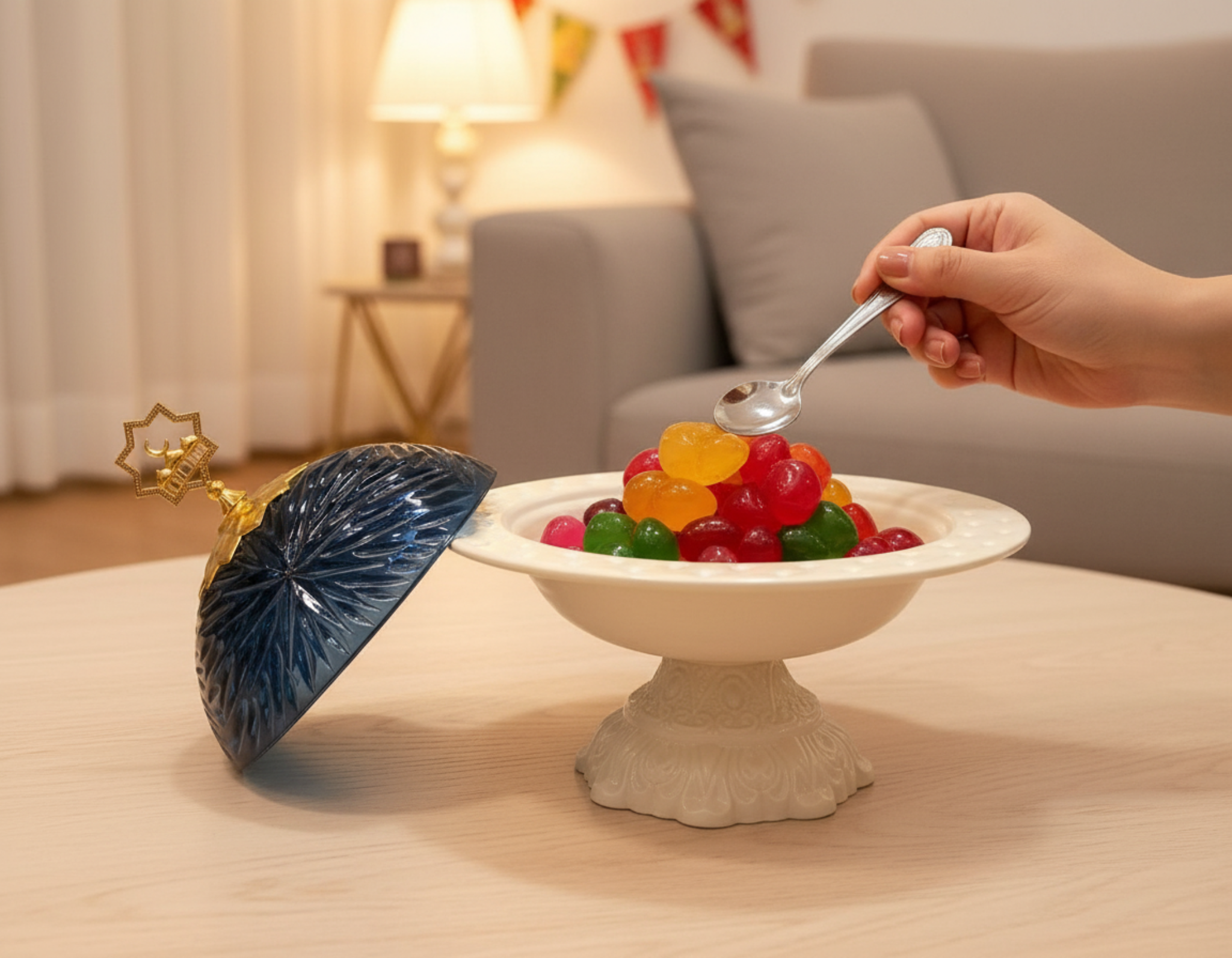 Hand holding a spoon over a bowl of colorful jelly candies in a living room setting.