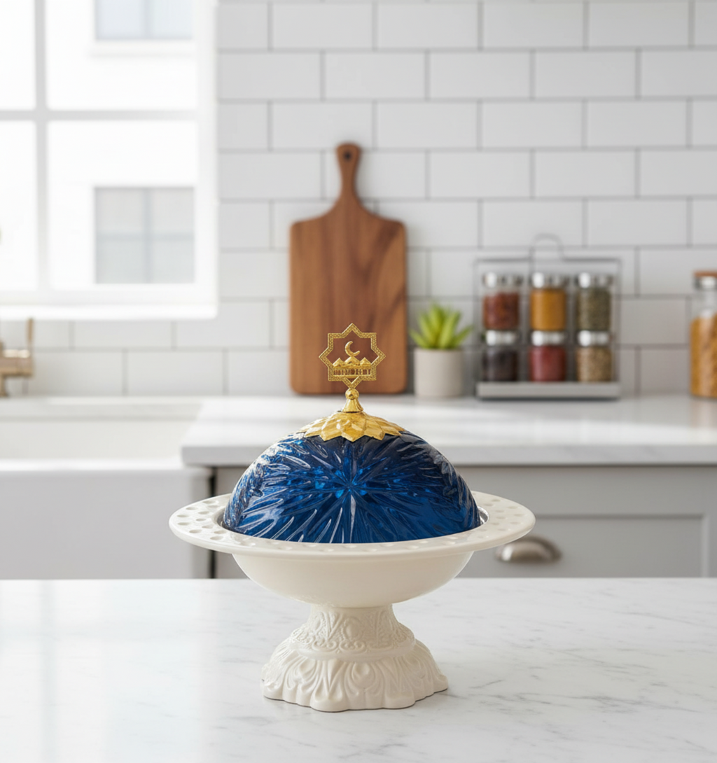 Decorative blue object on a white pedestal in a kitchen setting