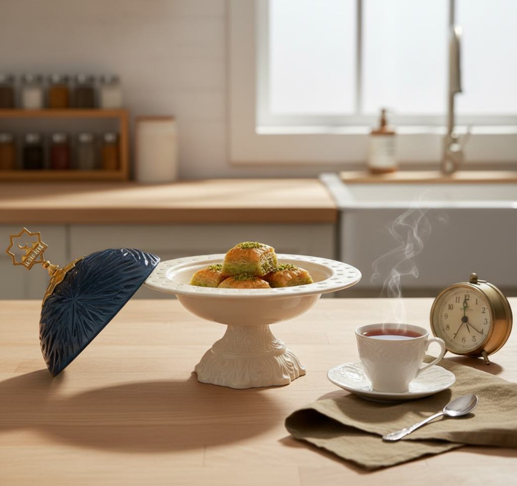 Cup of tea with a steaming teacup, saucer, and decorative plate on a wooden table.