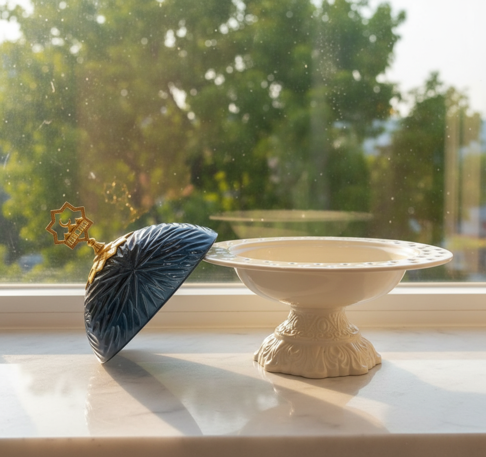 Decorative bowl on a windowsill with a blurred outdoor view