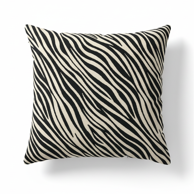 Zebra-striped pillow on a white background